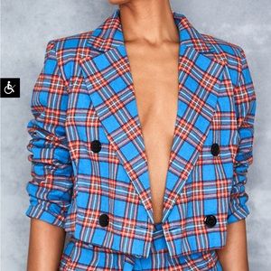 Mistress Rocks KAMIKAZE Blue & Red Tartan Cropped Jacket